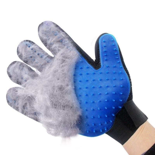 Gant de toilettage bleu. Disponible pour main droite ou main gauche 