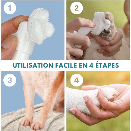 Utilisation facile de la mousse nettoyante pour pattes d'animaux de compagnie. Image montrant les 4 étapes. 