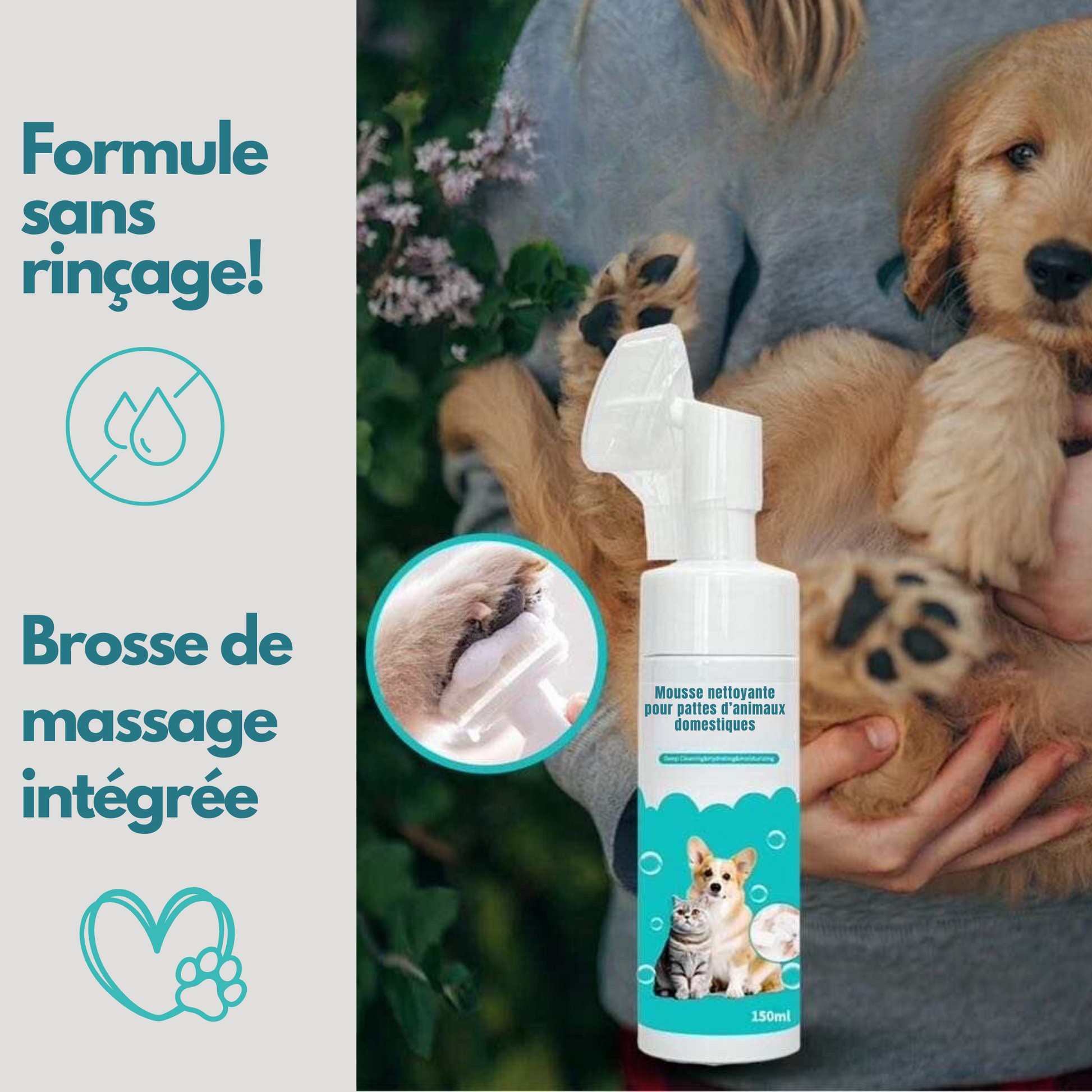 Bouteille 150ml mousse nettoyante pour pattes d'animaux domestiques. Formule sans rinçage avec brosse de massage intégrée